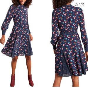 Boden Christina Billowy Peony Fit And Flare Dress, Navy